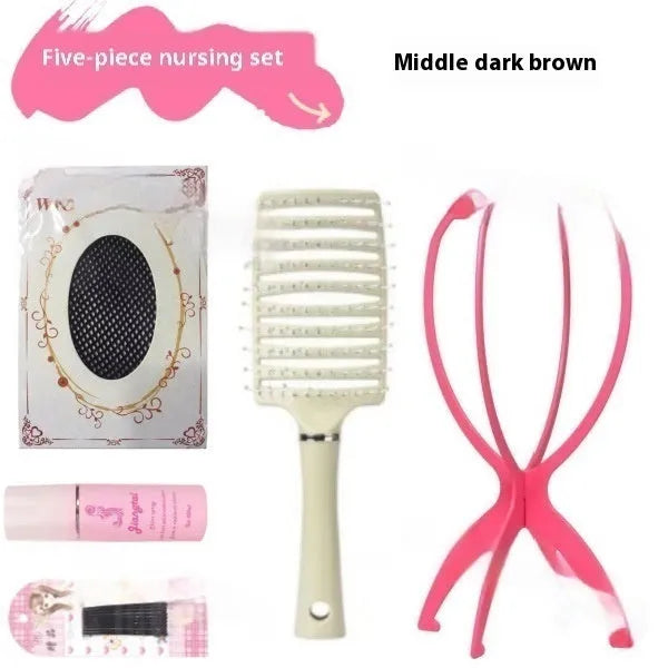 Natural black straight forehead lace wig with styling accessories displayed on bracket