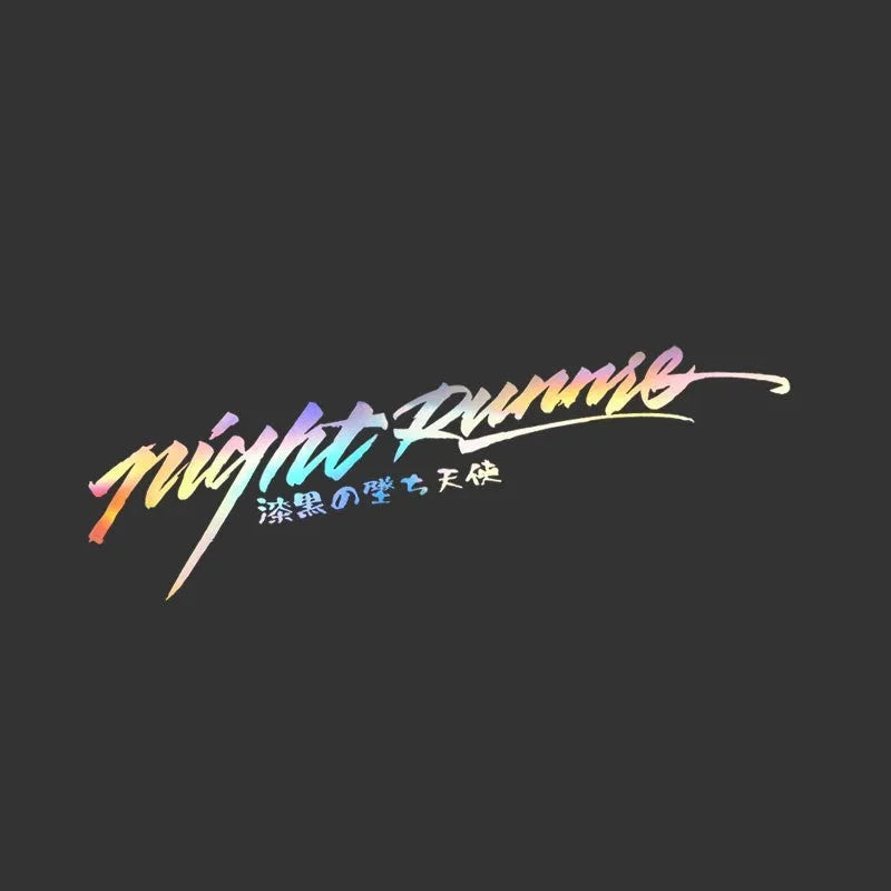 Nightwalker car decal sticker for rear windshield in black, colourful, or pink, showing text example on 20x7.5cm or 32x7.5cm size.