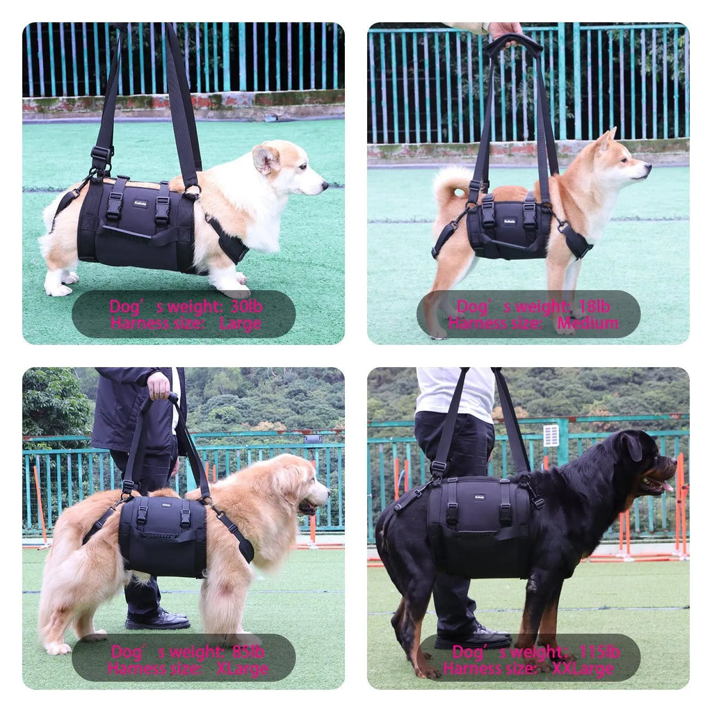 Black Oxford cloth dog harness showing chest strap and leg support system for rehabilitation and outdoor use.