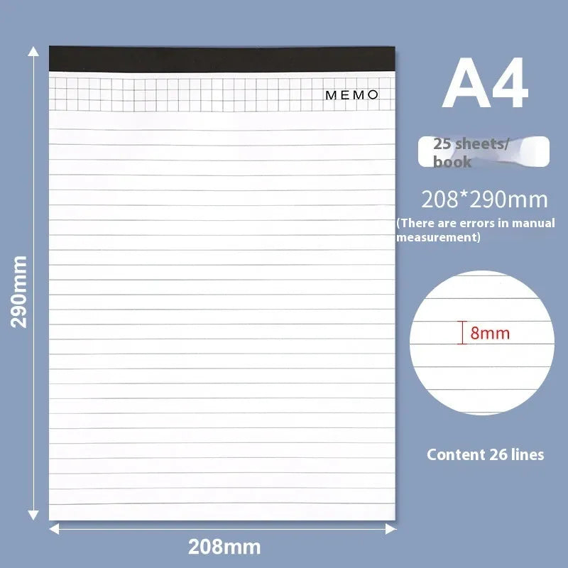 A4 tearable notebook with grid-lined ivory pages and wireless adhesive binding, shown in both A4 and A5 sizes