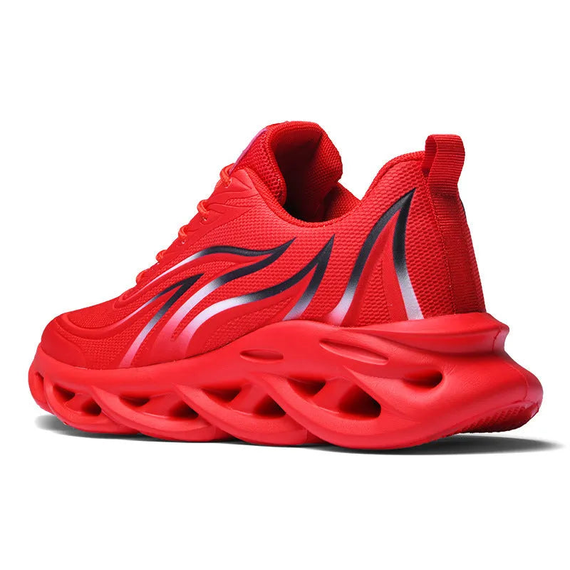 Men's Korean style mesh casual running shoes with carved wing pattern, round toe, foam sole, black and white colour