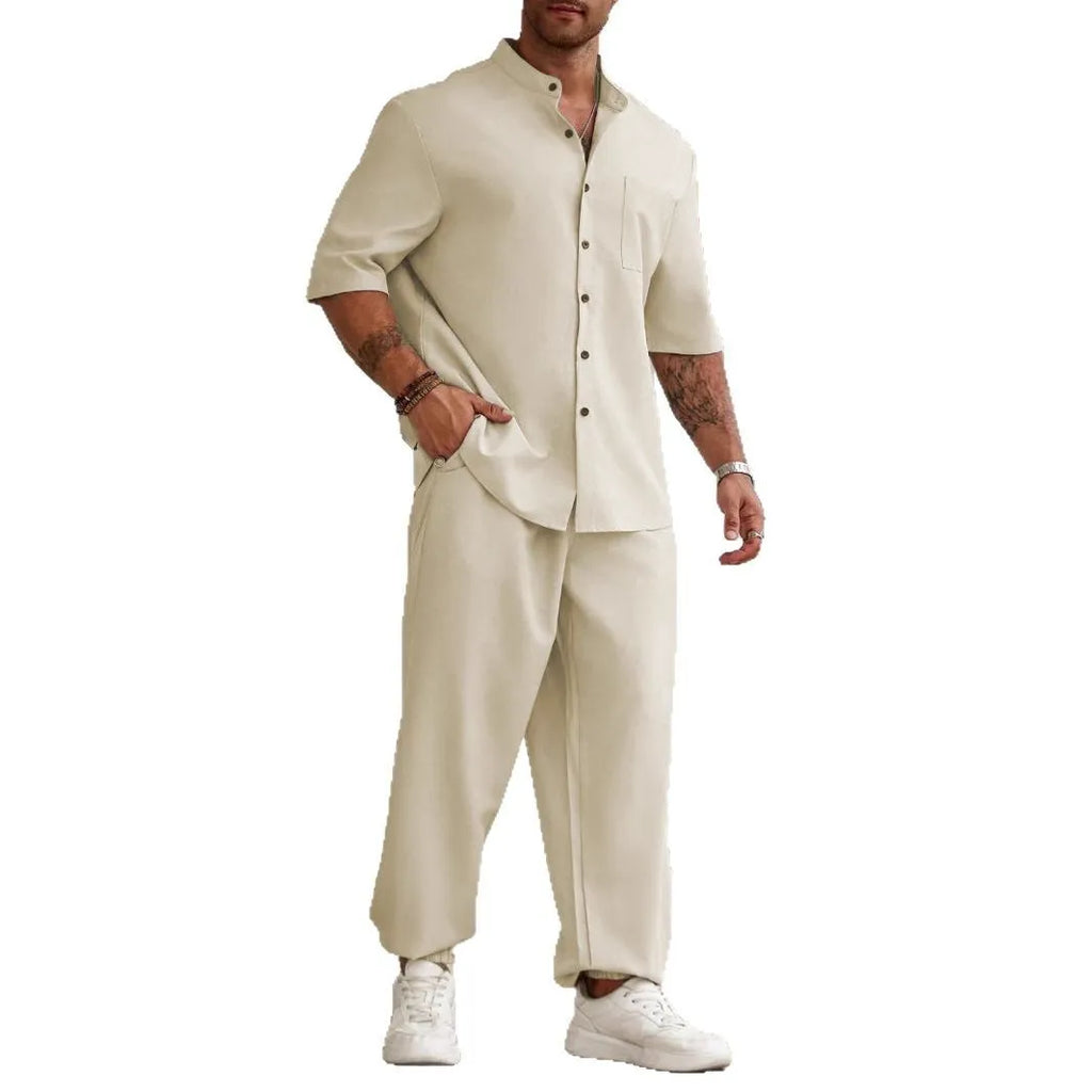 Men's cotton linen casual set with short-sleeve shirt and matching trousers in apricot colour