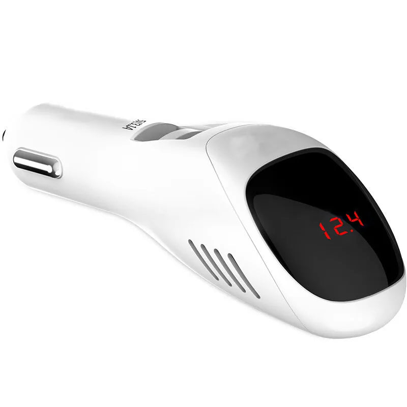 White car USB charger with integrated negative ion air purifier measuring 103mm