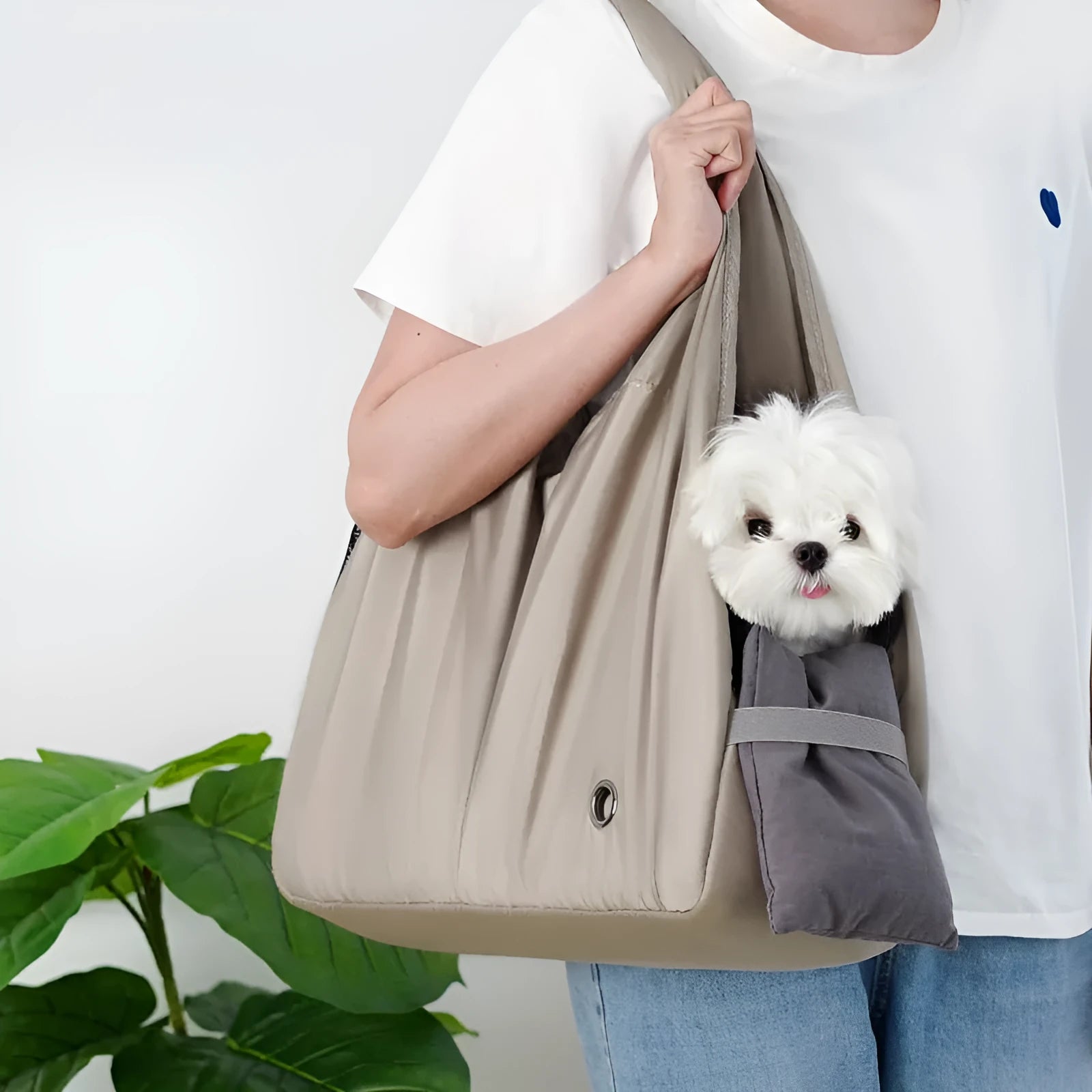 Apricot pet carrier bag with adjustable shoulder strap and side ventilation panels
