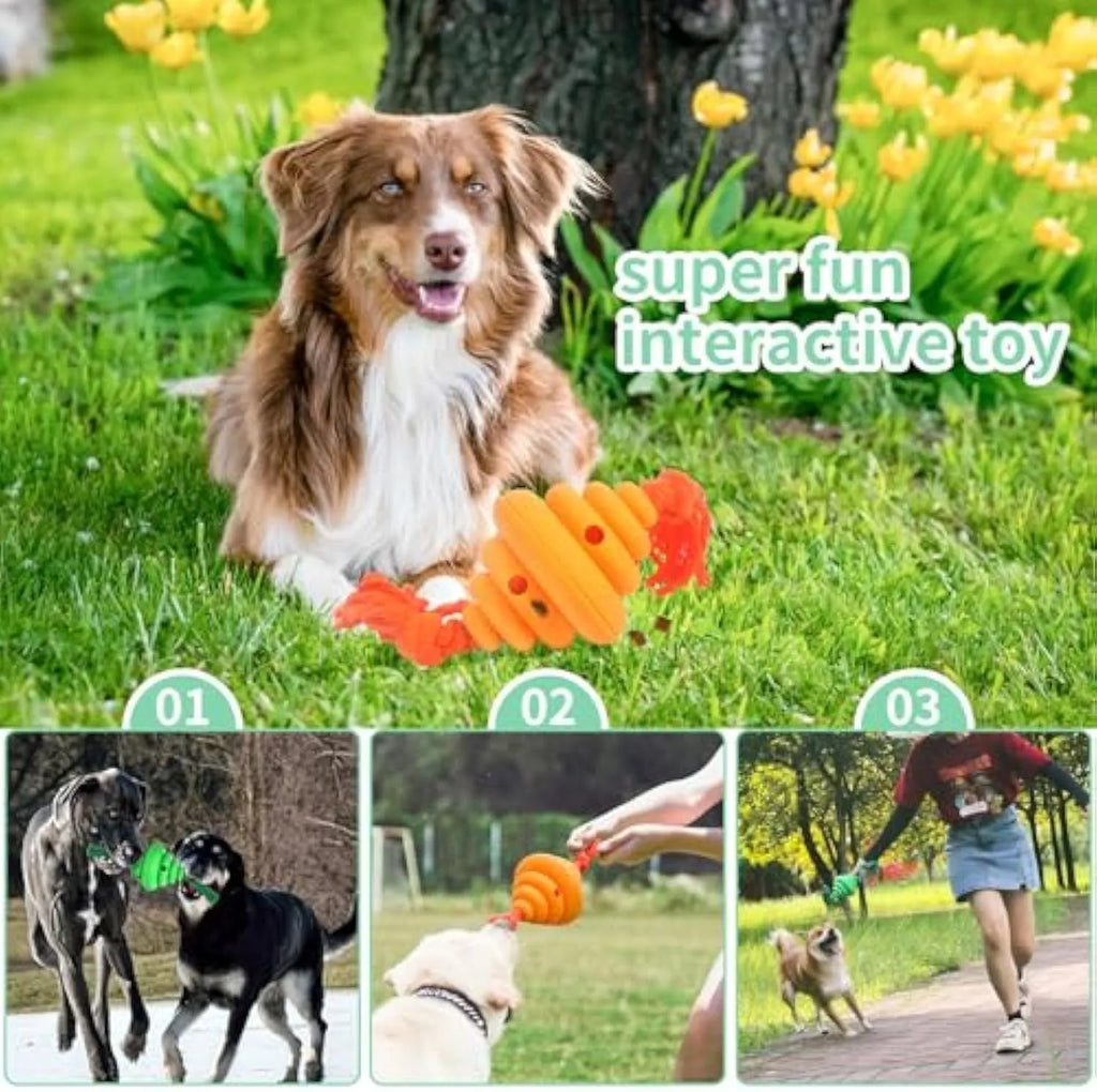 Green and yellow dog ball with attached rope for interactive play and food dispensing
