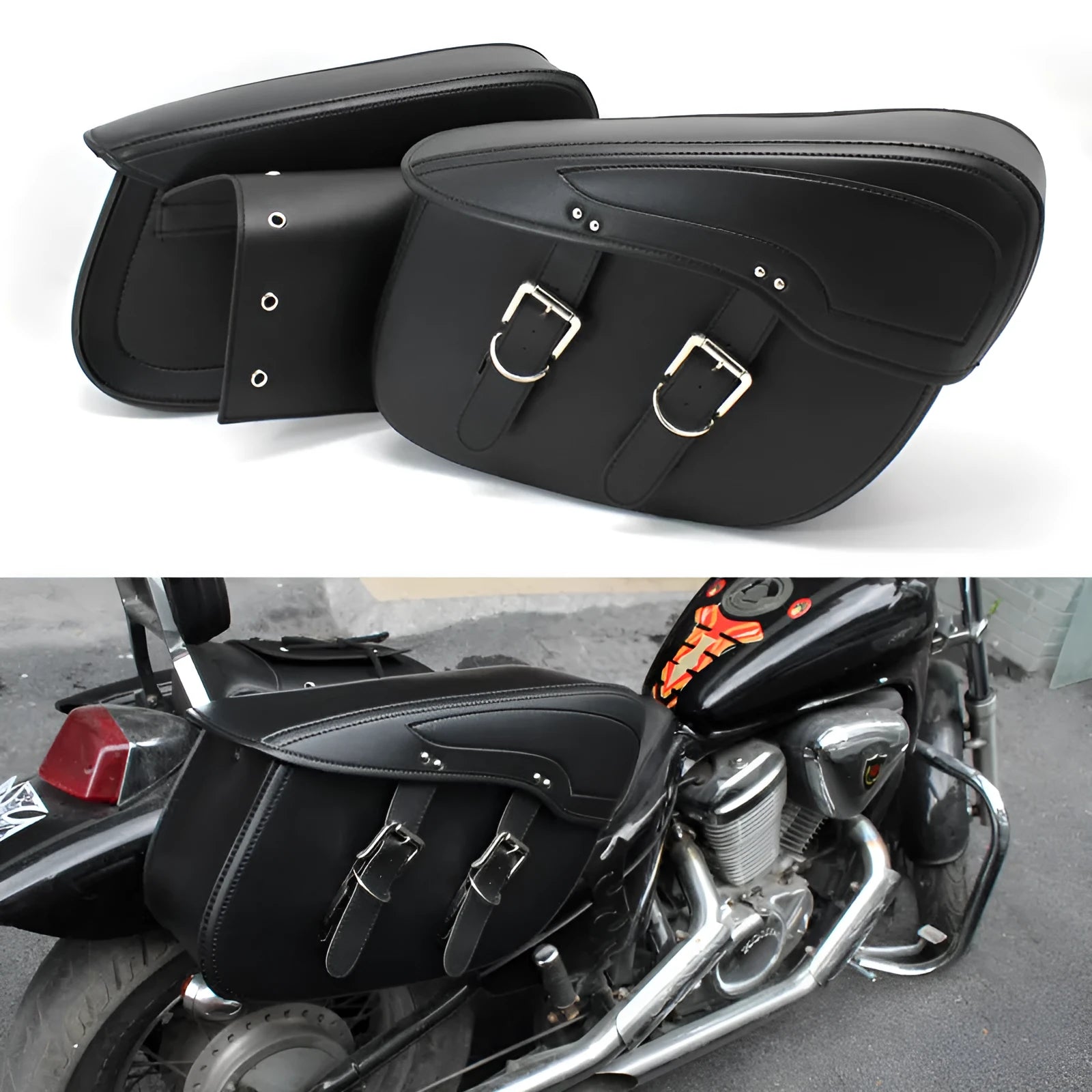Retro wind motorcycle saddle bag in PU leather measuring 42x15x30 cm in black colour