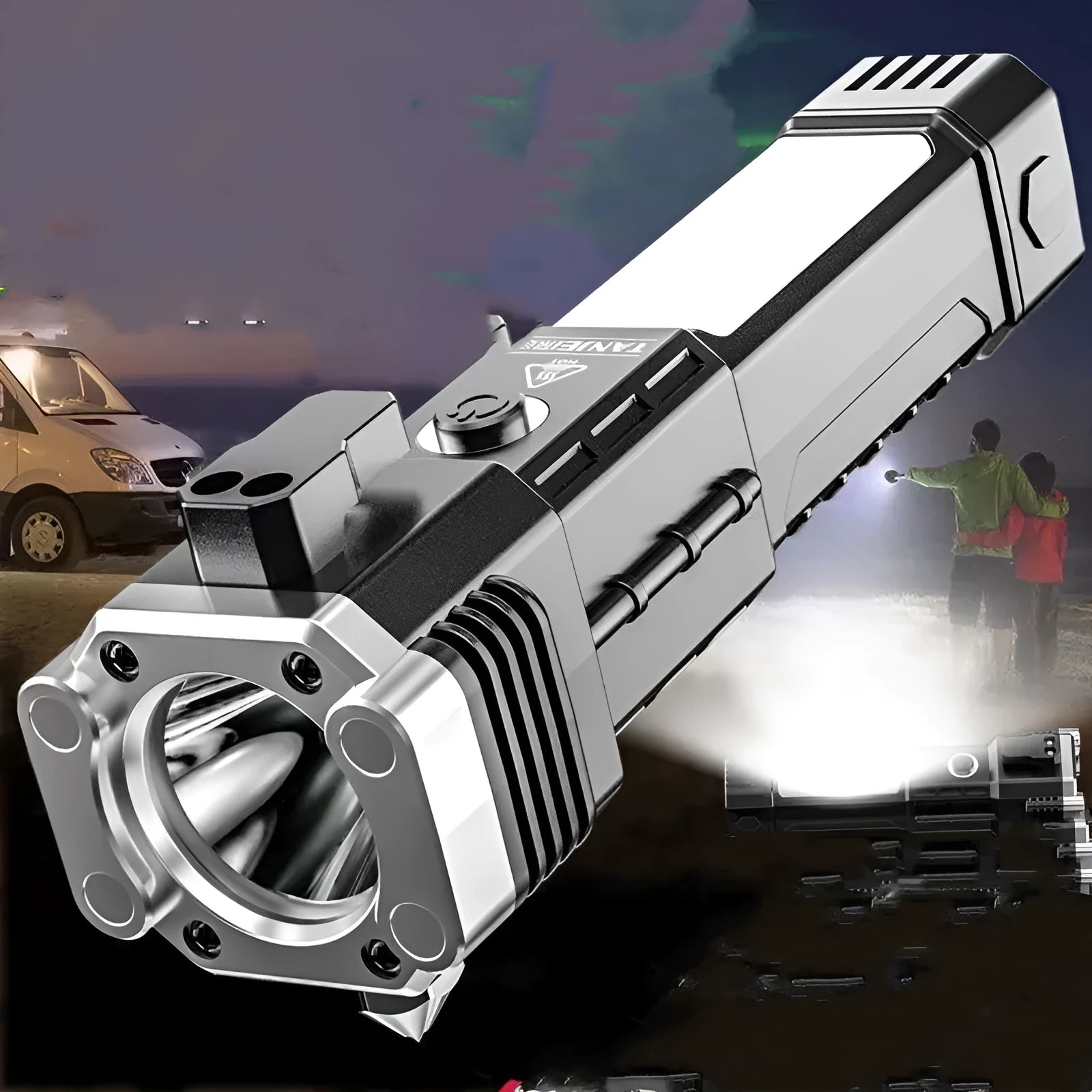 Silver portable power bank LED emergency work light torch with plastic shell.