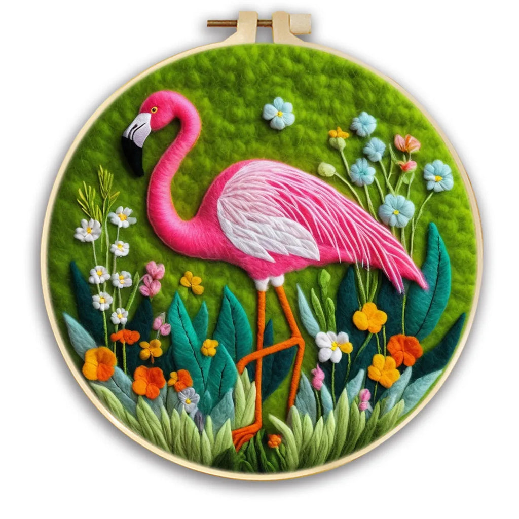 Round linen embroidery kit with wool felt pieces for 3D flowers and leaves, includes a free frame.