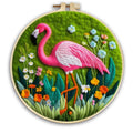 Round linen embroidery kit with wool felt pieces for 3D flowers and leaves, includes a free frame.