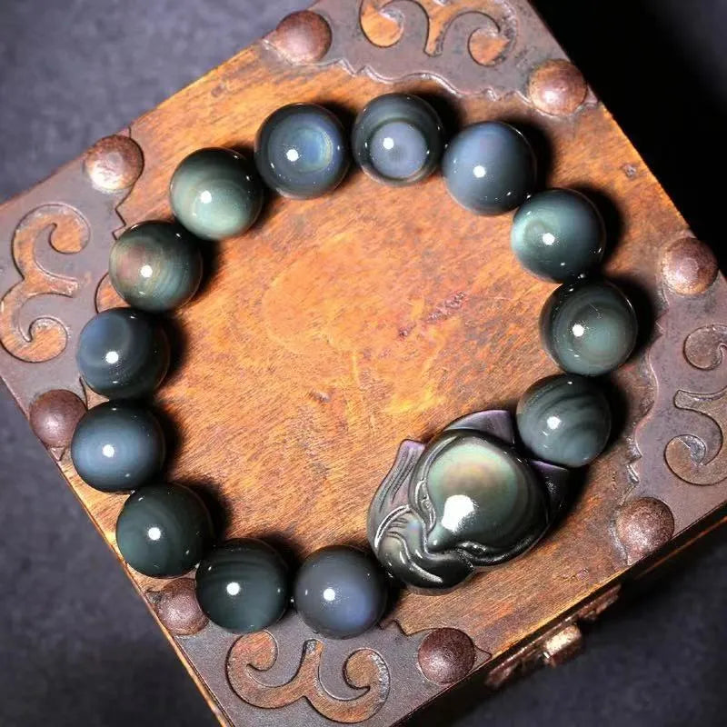 Obsidian fox carved bracelet unisex natural stone beads 10MM to 16MM