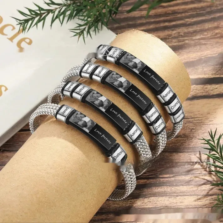Men's stainless steel lettering bracelet with leather rope adjustable closure showing heart-shaped design