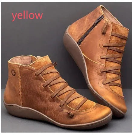 Women's casual round-toe ankle boots with a wedge heel in artificial PU, shown in multiple colour options.