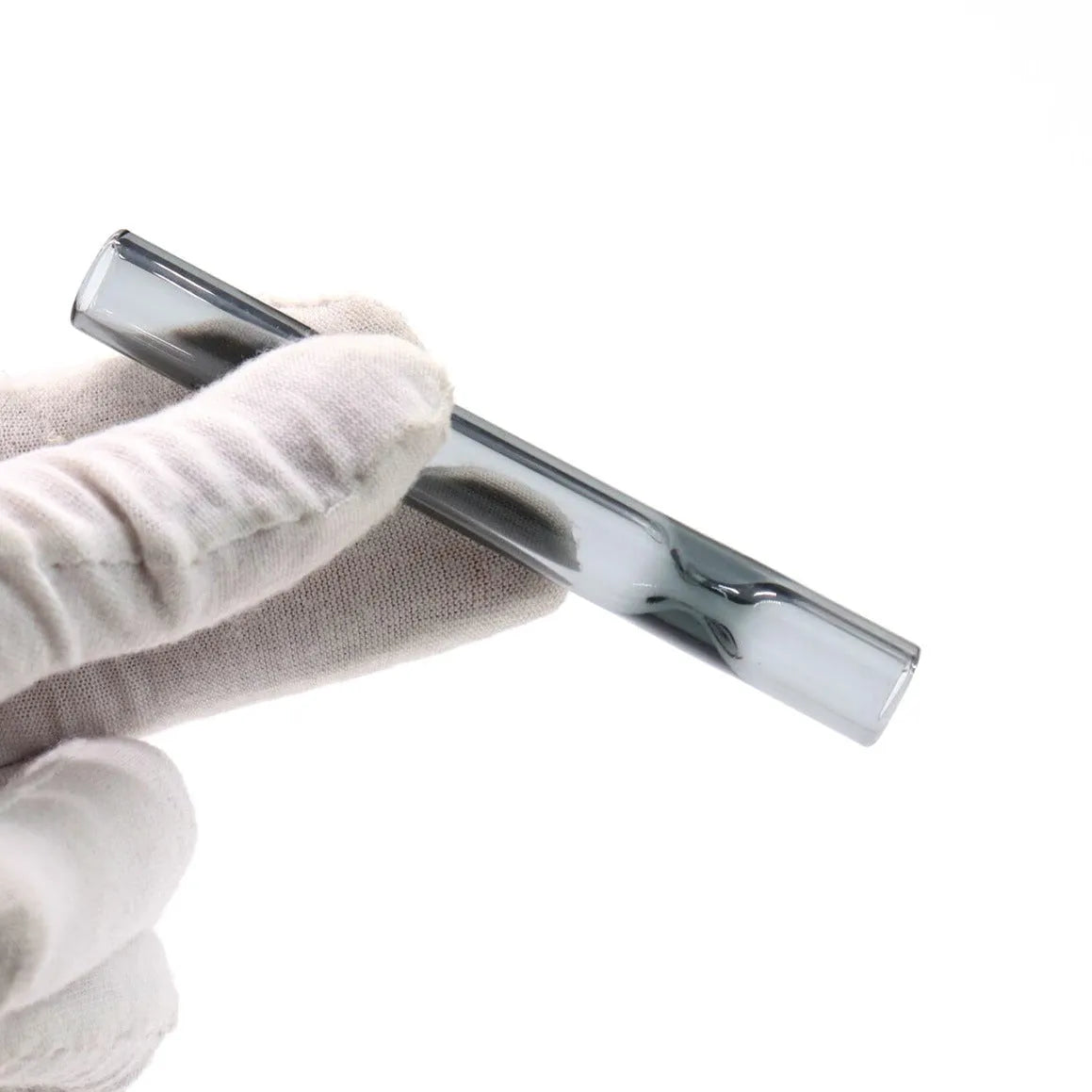 Clear glass telescopic smoking pipe with straight tube and suction nozzle.