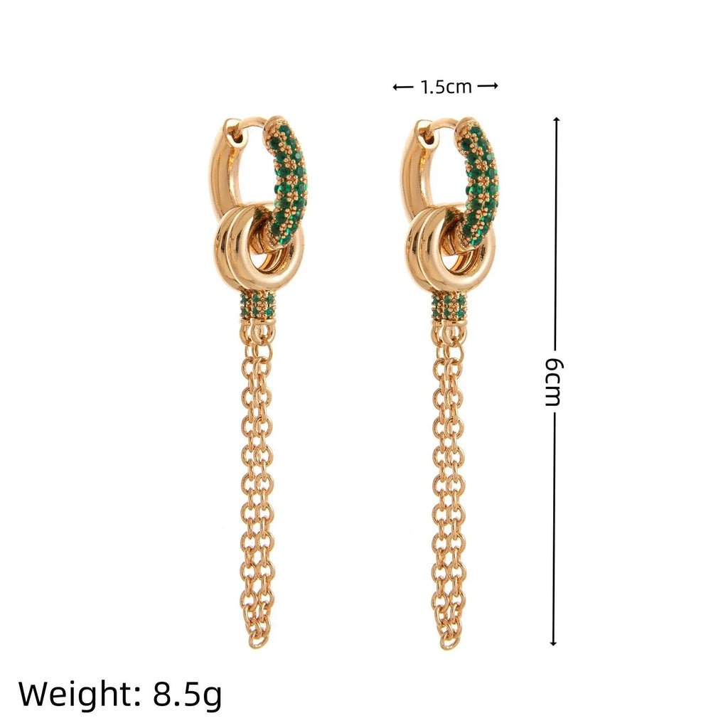 Copper zircon stud earrings with chain in green finish with pearl element detail