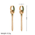 Copper zircon stud earrings with chain in green finish with pearl element detail