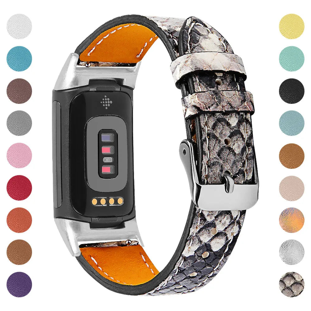 Genuine brown leather watch strap for Fitbit Charge 5 and Charge 6 smartwatches.