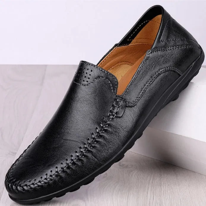 Men's brown leather casual shoes with round toe design and rubber sole for business casual wear