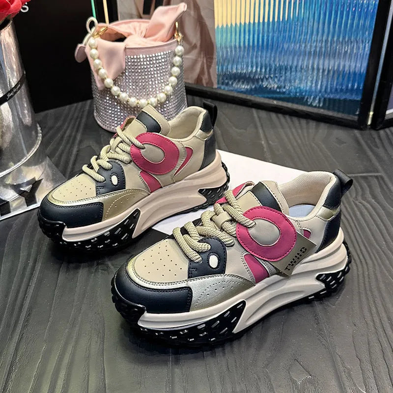 Pair of leather sports casual shoes with thick sole, wedge heel and front lace-up in multiple colour options