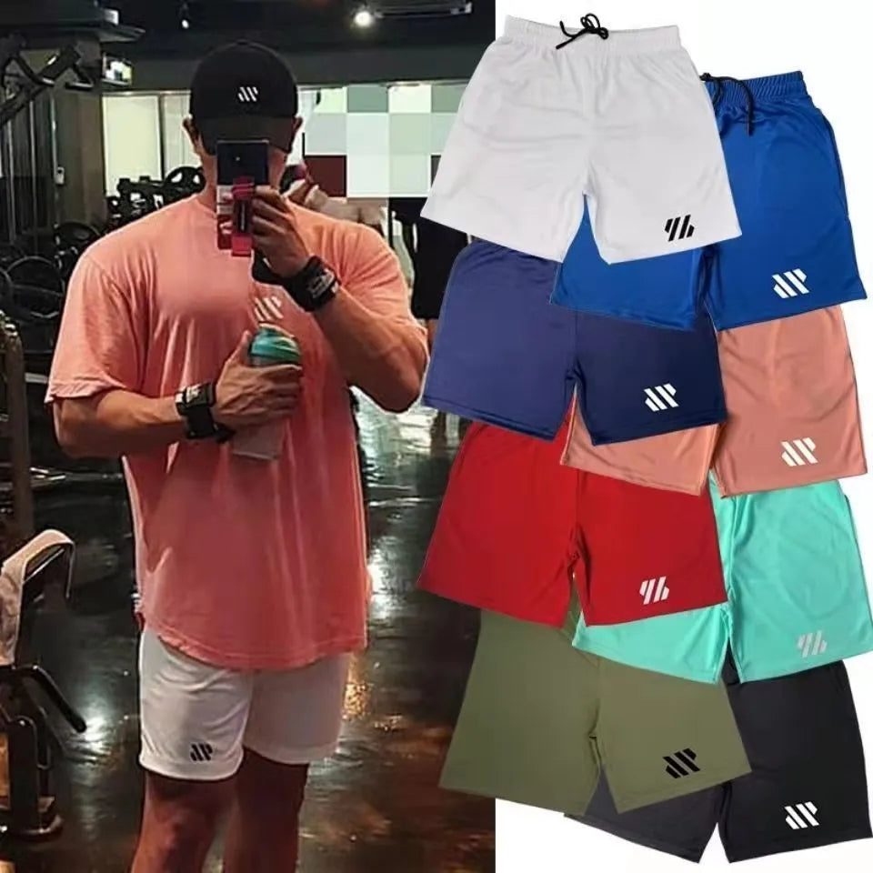 Loose fit metal silk fabric sports shorts in various colours including black, blue, and green for summer running and leisure.