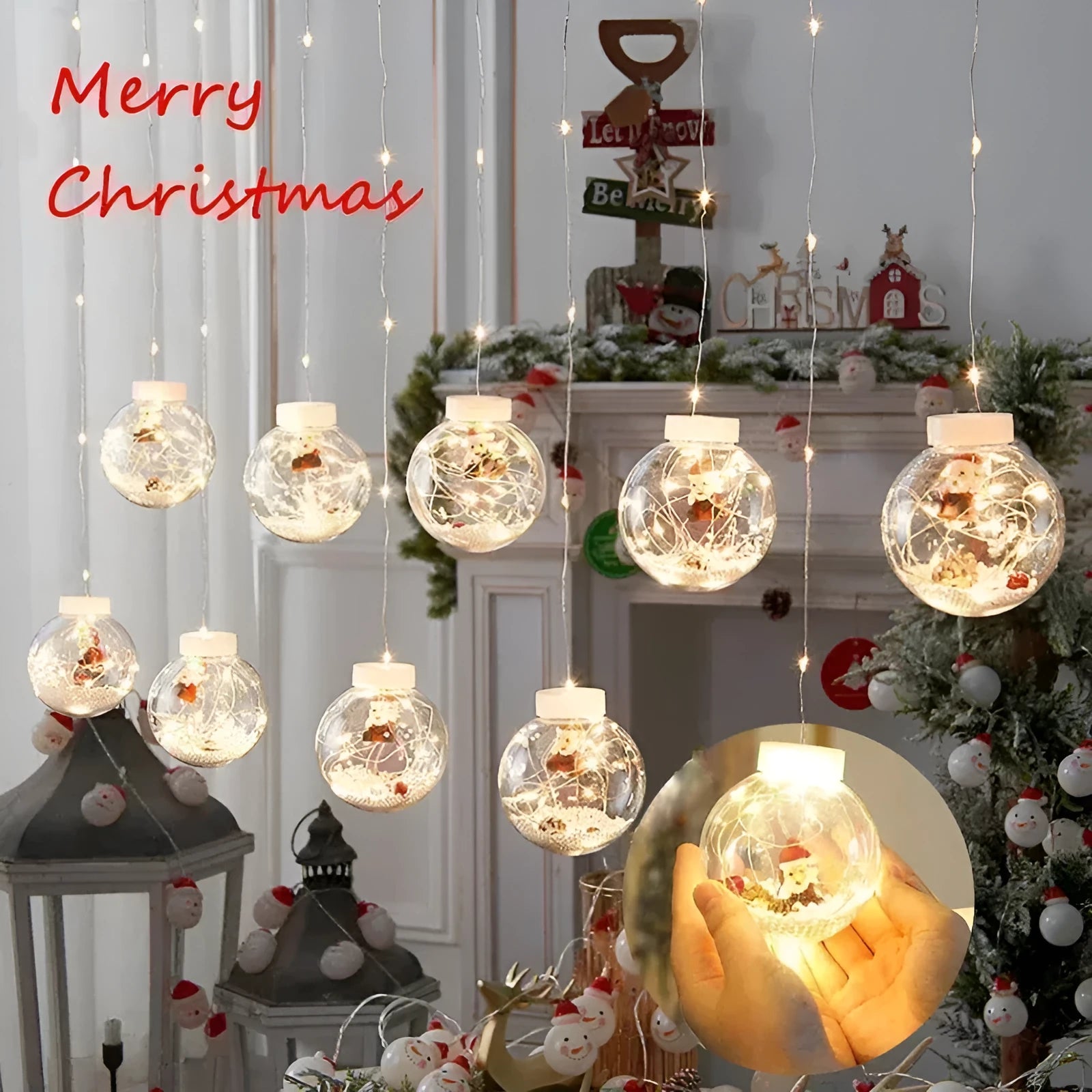 Christmas curtain light string with ten LED wishing ball lamps showing snowman, Christmas tree and elder designs