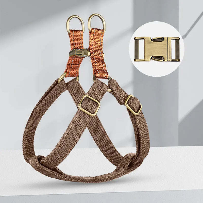 Brown vest-style anti-loss dog leash with cotton and nylon construction and alloy fastener