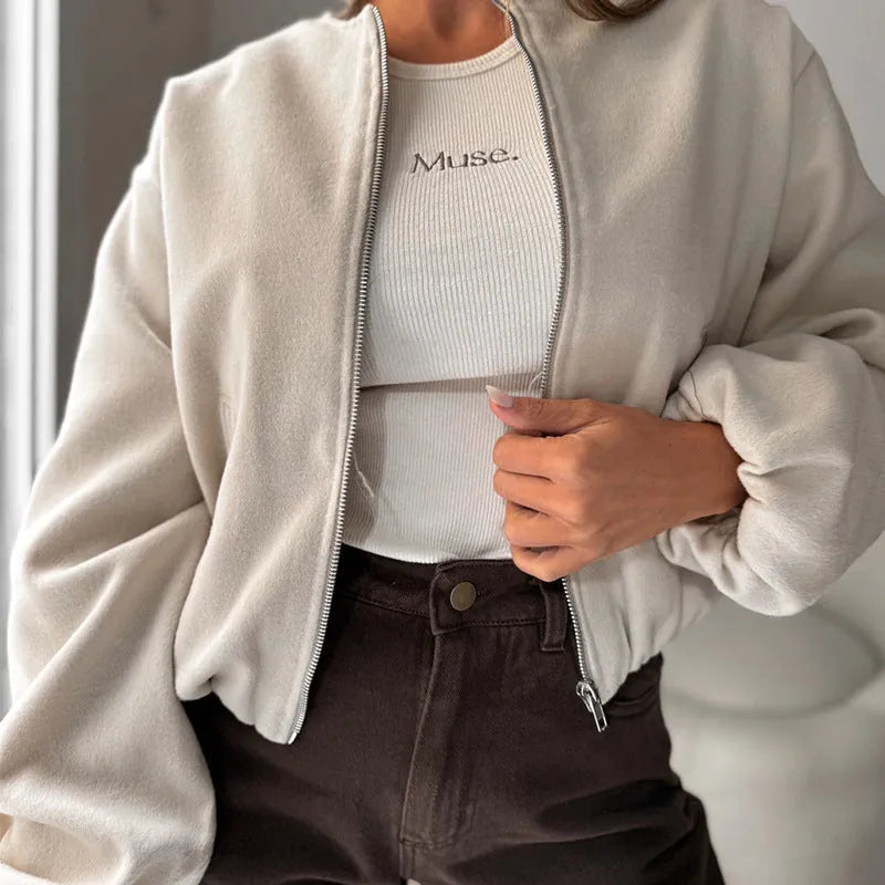 Women's off-shoulder short coat with lantern sleeves in brown polyester fabric