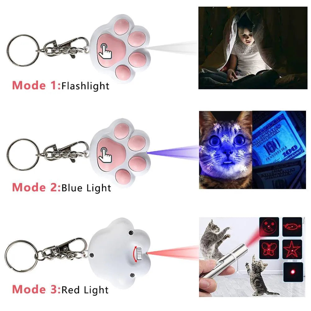 Pink and black plastic USB rechargeable infrared cat teaser toy on a keyring