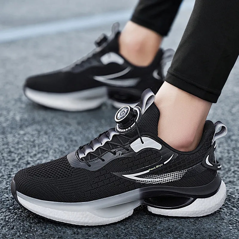 Rotating button buckle running shoes in solid colour with fly-knit mesh upper and TPU sole