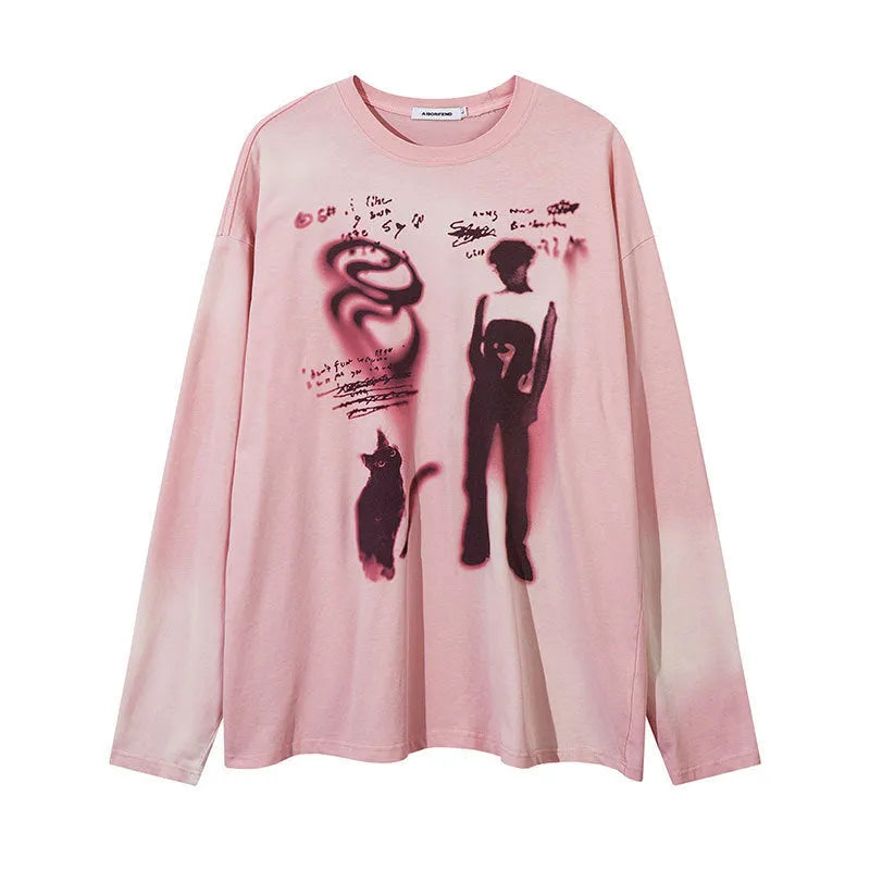 A woman's loose-fit cotton pullover top with long drop-shoulder sleeves, shown in dark grey.
