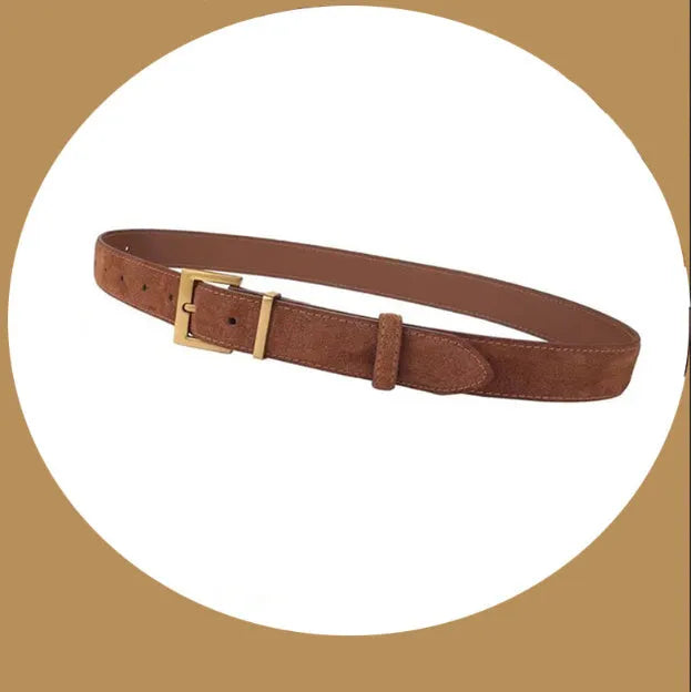 Ladies' genuine leather pin buckle belt with quadrilateral alloy fastener in black, caramel or brown colours