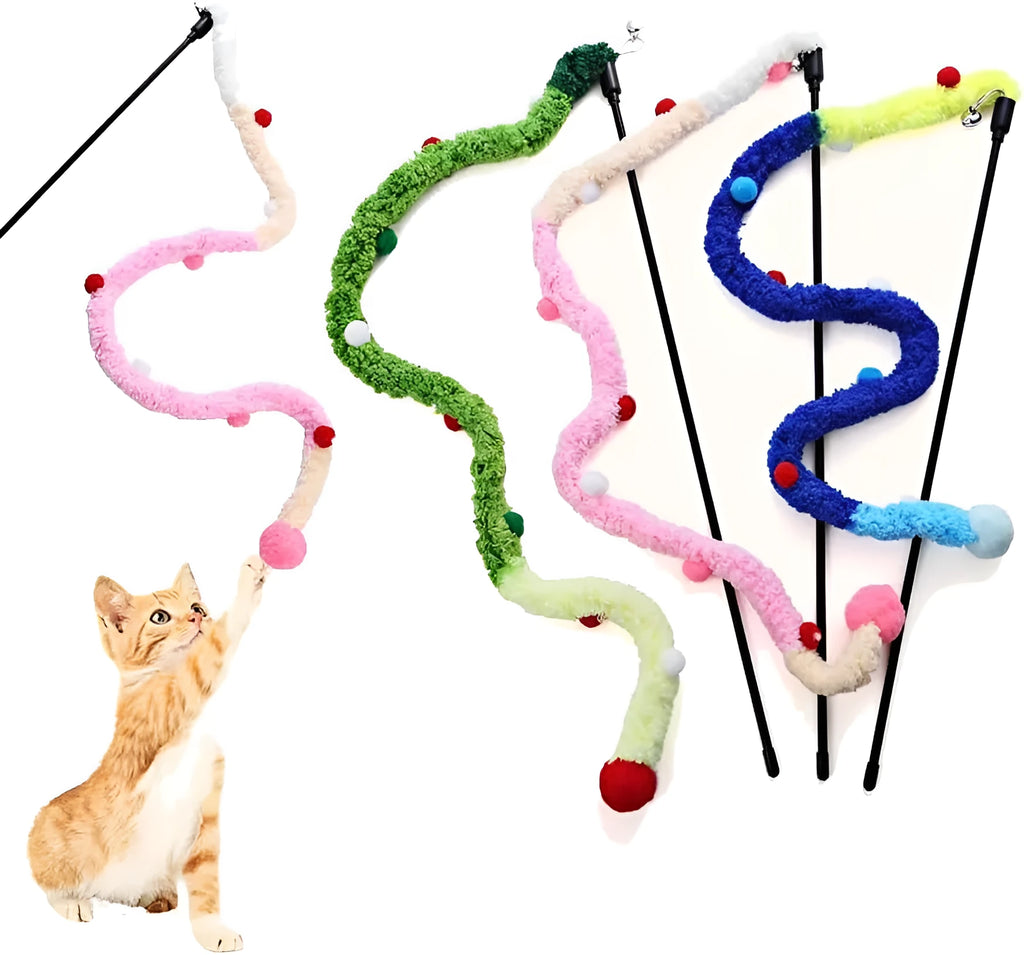 Interactive cat wand toy with blue plush strip, colourful fluffy ball and bell on 41cm pole