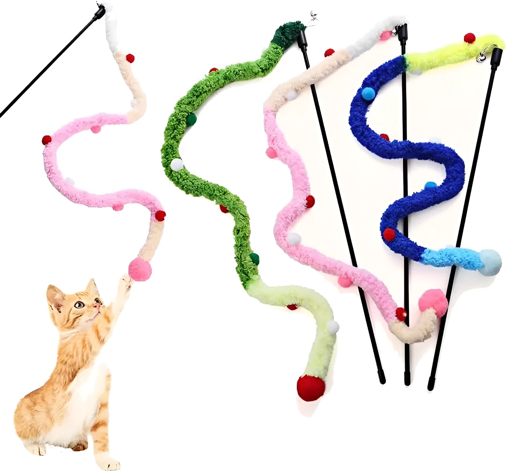 Interactive cat wand toy with blue plush strip, colourful fluffy ball and bell on 41cm pole