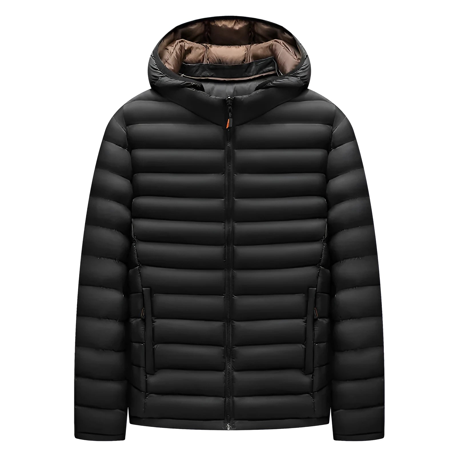 Man wearing a lightweight solid-colour hooded down jacket with a detachable collar and zipper pockets.