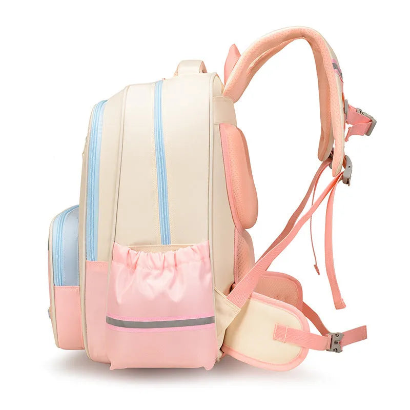 Student shoulder pad backpack in Oxford cloth with air pillow belt for burden alleviation, available in pink, yellow, light purple, dark blue, gray, olive green