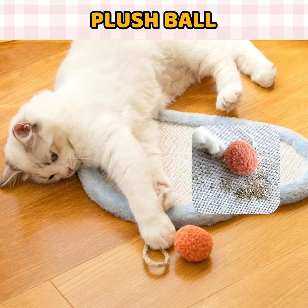 White wall-mounted cat scratching mat with sleeping cat cartoon design on natural sisal surface