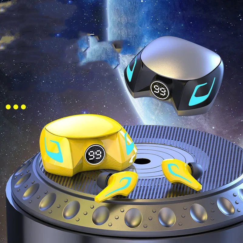 Wireless Bluetooth gaming headset with earplug design in black, dark grey, and yellow colour options