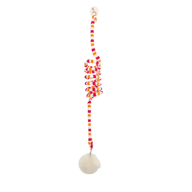 Spring-mounted inflatable ball cat toy with bell stick and suction cup attachment in various colours