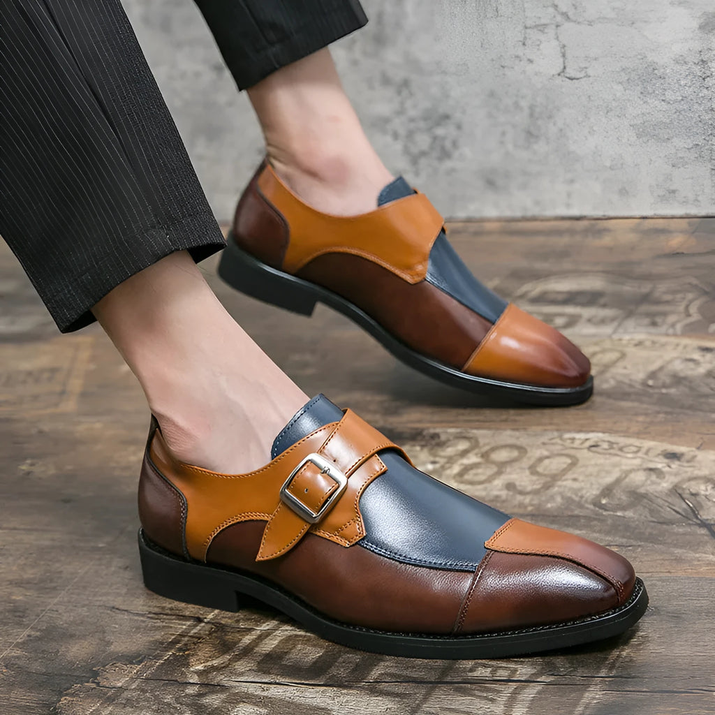 Men's British retro style buckle leather casual shoes in tall crown design with microfiber upper