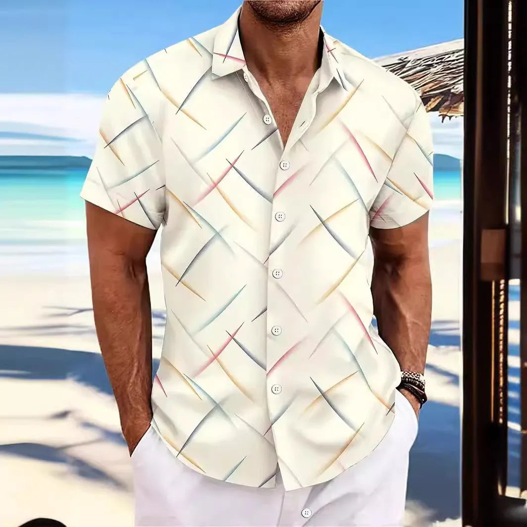 Men's casual beach short sleeve button shirt with striped feather pattern in loose fit polyester fabric