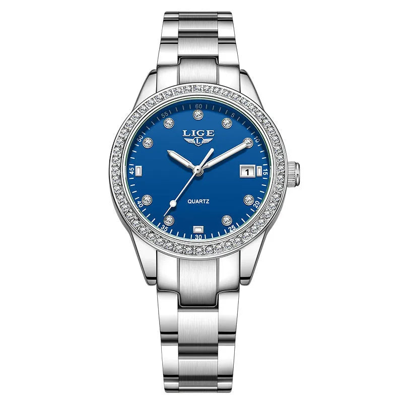 Silver fashion watch with diamond dial, luminous hands, and stainless steel case.