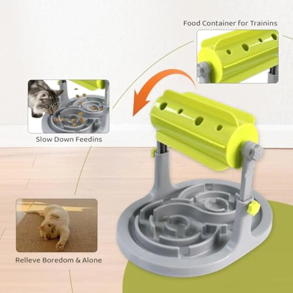 Blue interactive pet puzzle feeder bowl with adjustable height mechanism and raised patterns