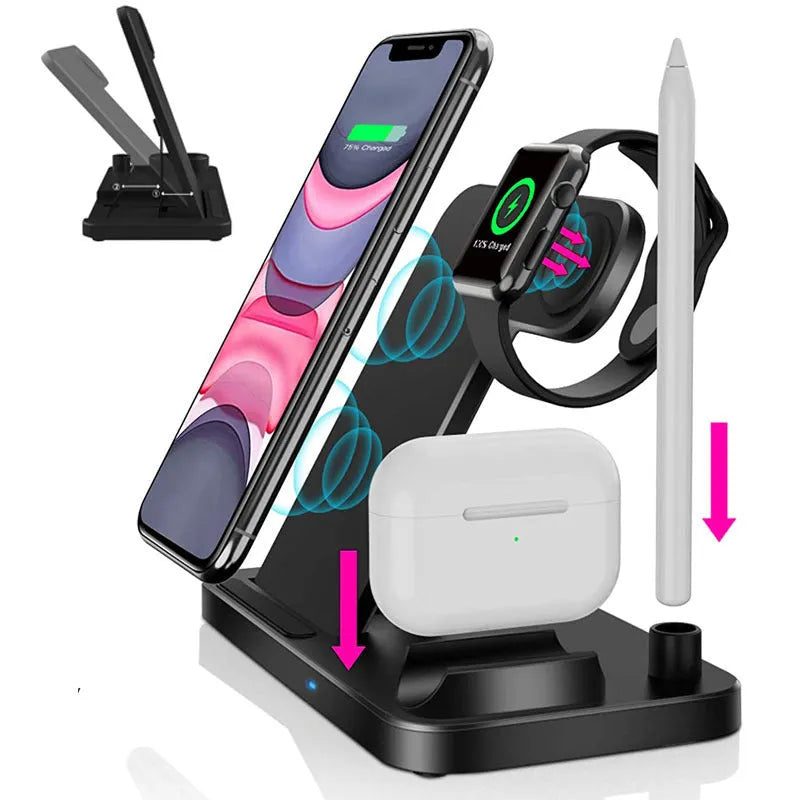 Folding 15W wireless charger in vertical stand position charging iPhone with magnetic case