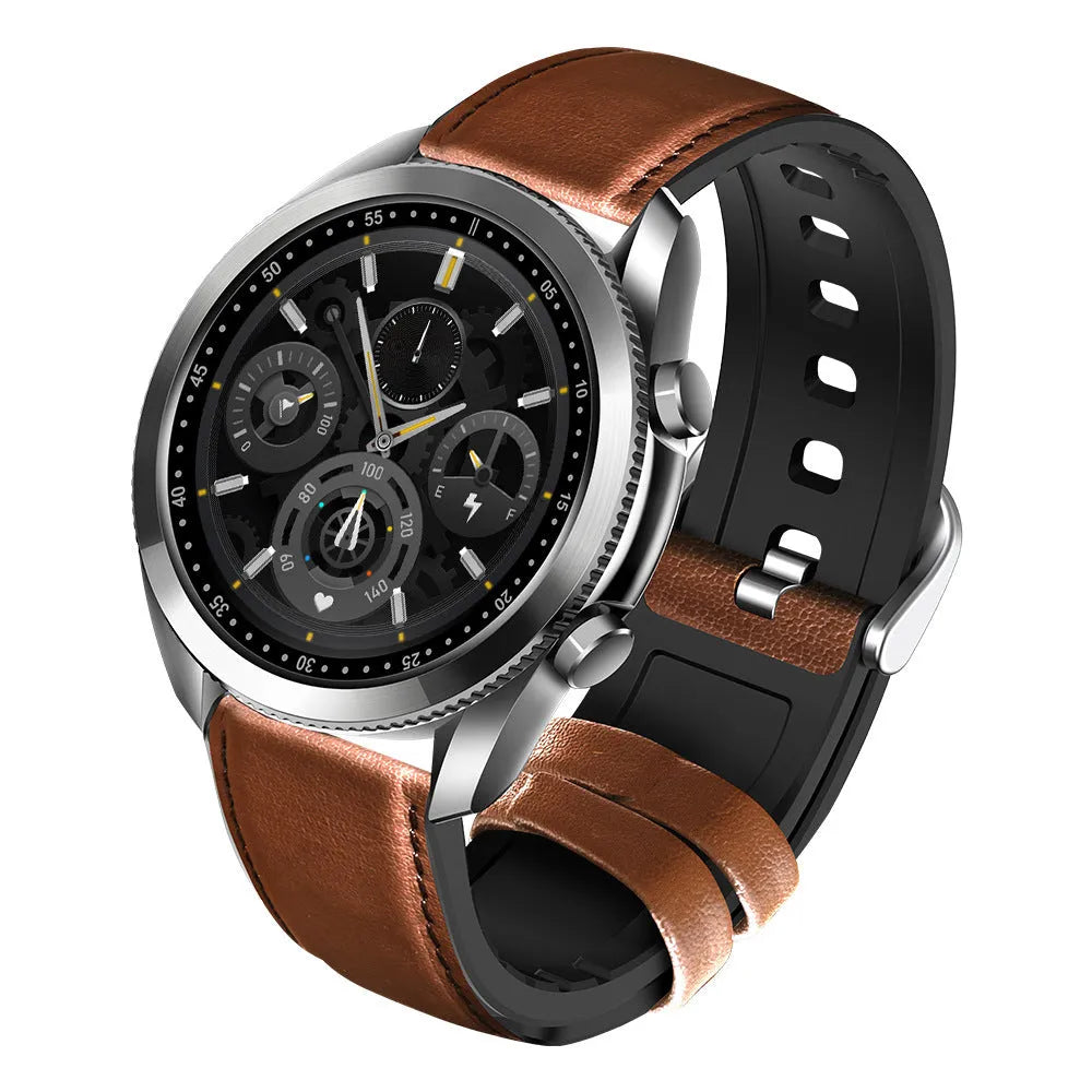 UM90 smart call watch with large screen on leather strap, showing fitness tracking interface.