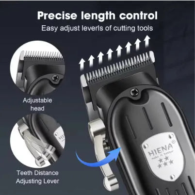 Black men's hair clipper set with LED display, aluminium foil shaver attachment and USB charging cable