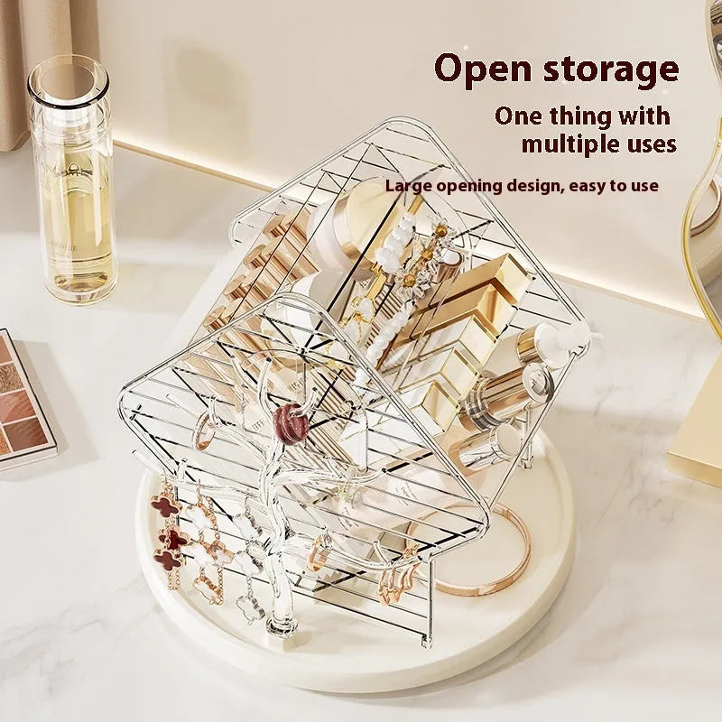 360-degree rotating cosmetics storage box in clear or amber gold plastic with light luxury style
