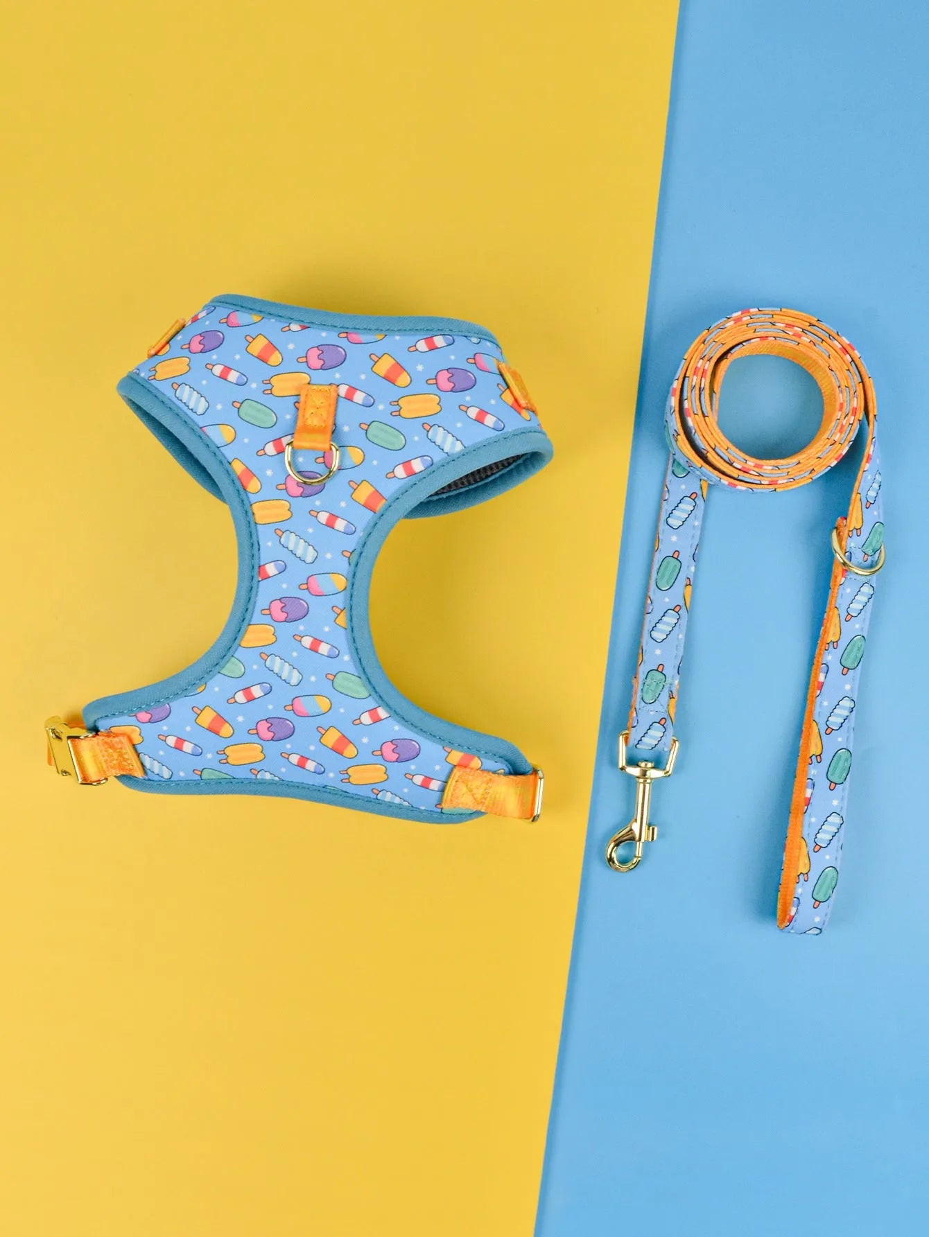 Polyester dog harness in blue ice cream colour pattern for medium large dogs