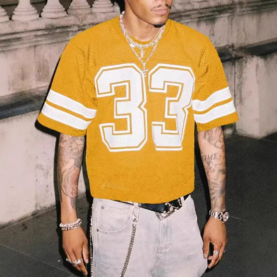 Men's mesh sports jersey in cartoon print with short sleeves and round neck in one of five colour options