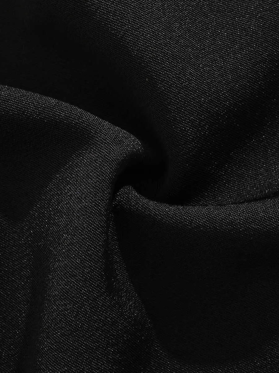 Men's black semi-elastic shorts with button fly and straight-leg cut above knee length