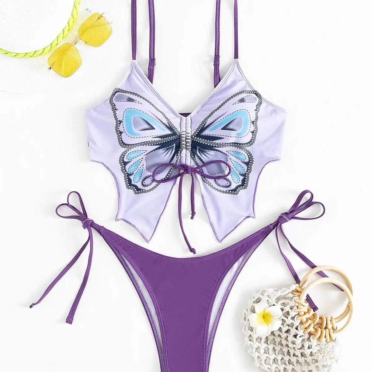 Women's sleeveless split bikini set with bow detail in multiple colour options