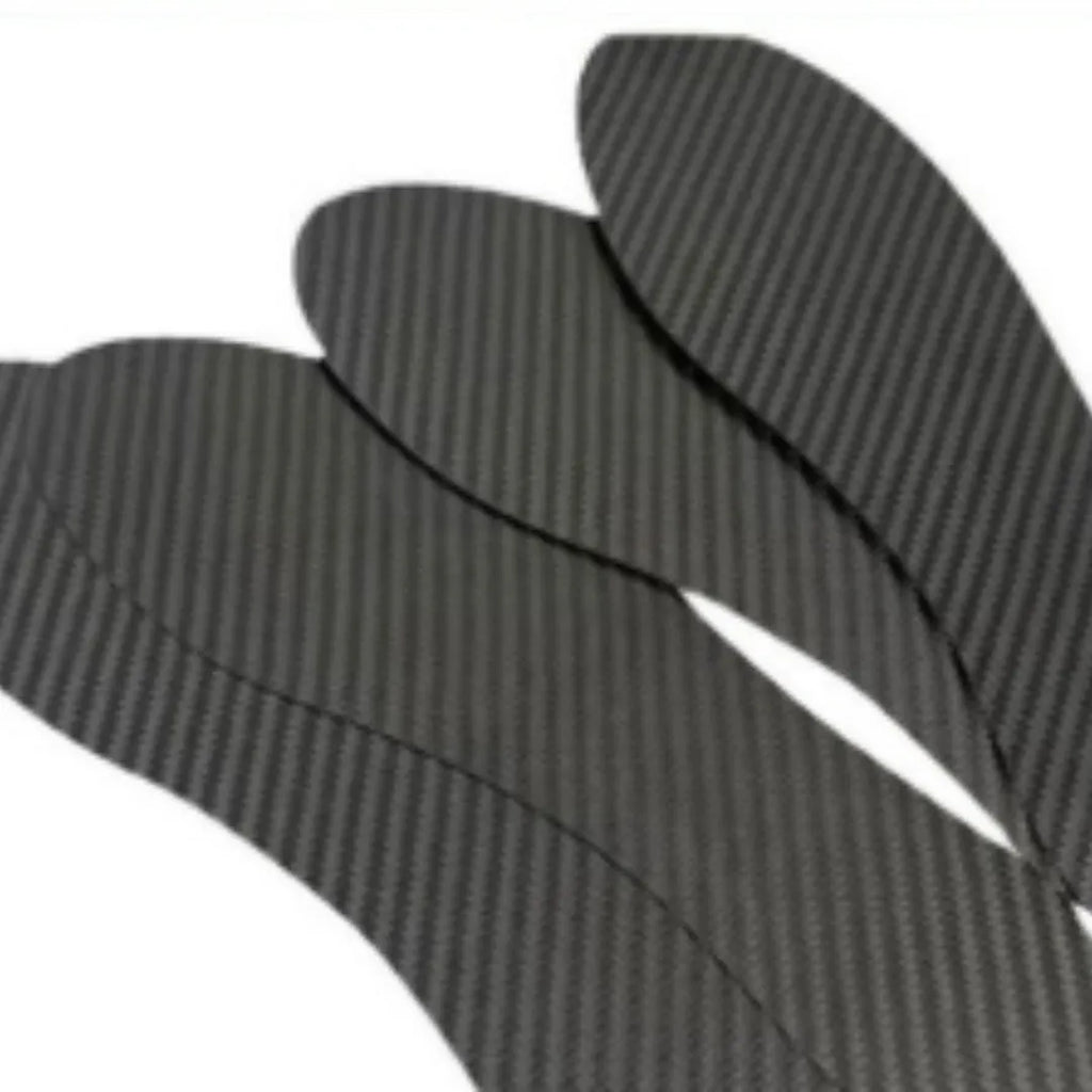 Black 3K carbon fibre running shoe insole shown from above, highlighting its woven texture.